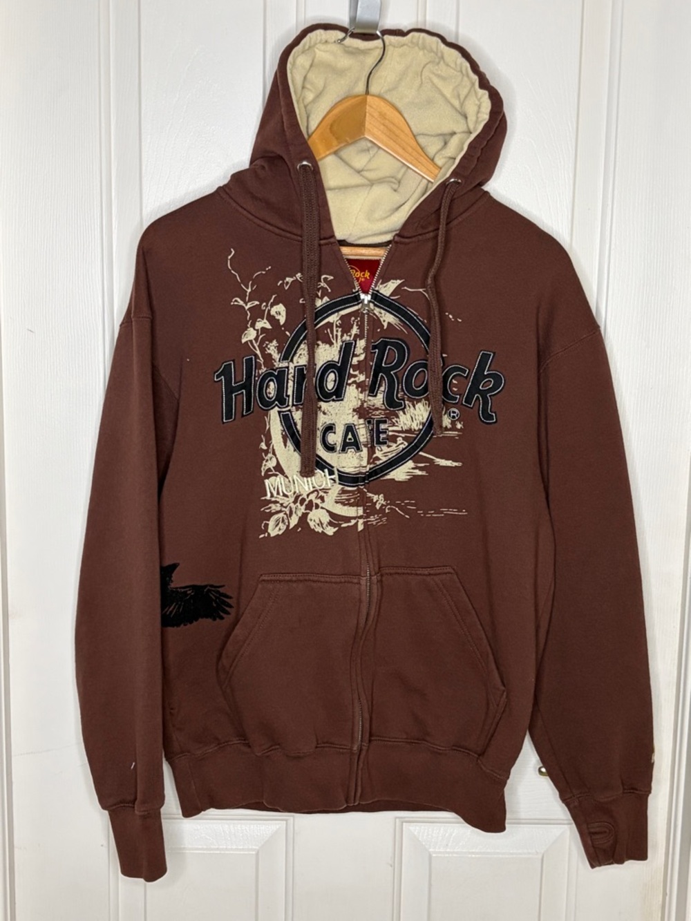 Hard Rock Cafe Munich Hoodie Mens M Brown Fleece Lined Full Zip